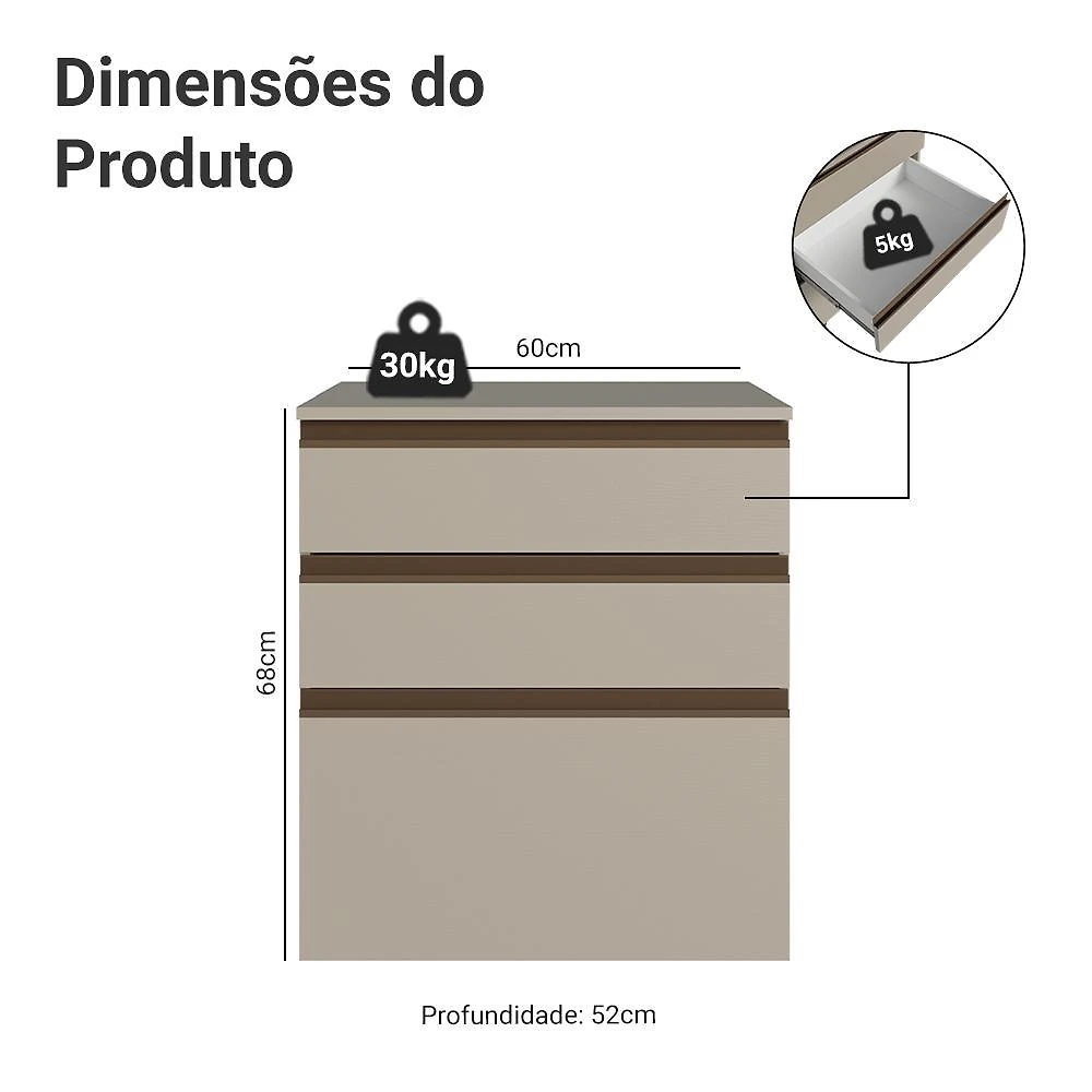 Balcão de cozinha 60 cm 3 gavetas suspenso crema nice madesa