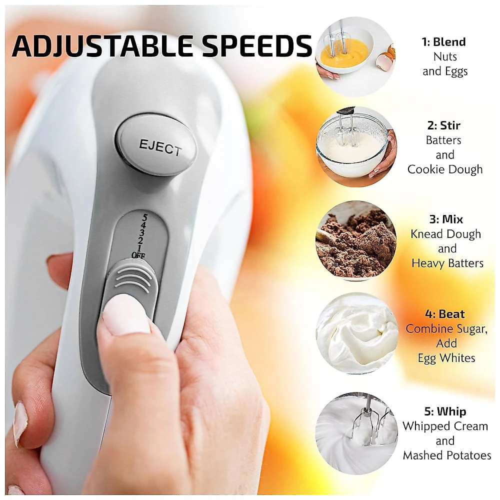 Batedeira Manual Elétrica OVENTE 5 Velocidades com Batedor de Aço Inoxidável, Estojo de Armazenamento Snap-On, Motor Portátil de 150W, Compacta