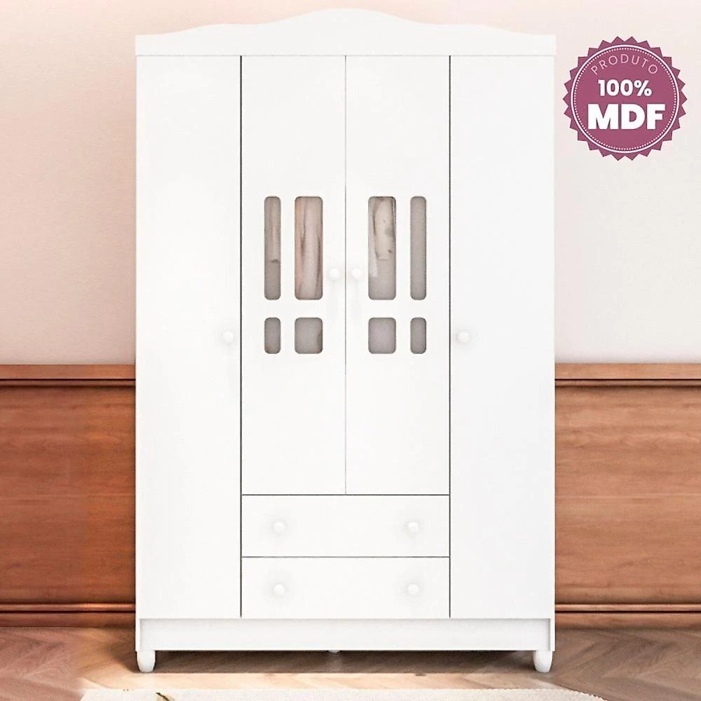 Quarto de Bebê Completo Berço Mini Cama e Guarda-roupa 4 Portas Mirelle Branco
