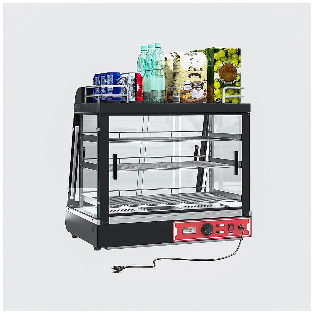 Estufa Aquecedora Comercial Anpuce Preta 3 Prateleiras Iluminação Tricolor Vidro Temperado 800W 110V, 68,6cm