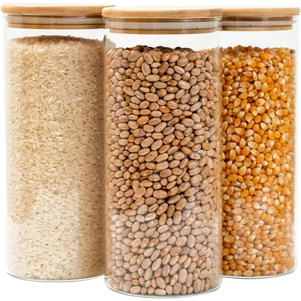 Kit 3 Potes de Vidro 1,6L com Tampa de Bambu Tüd Transparente