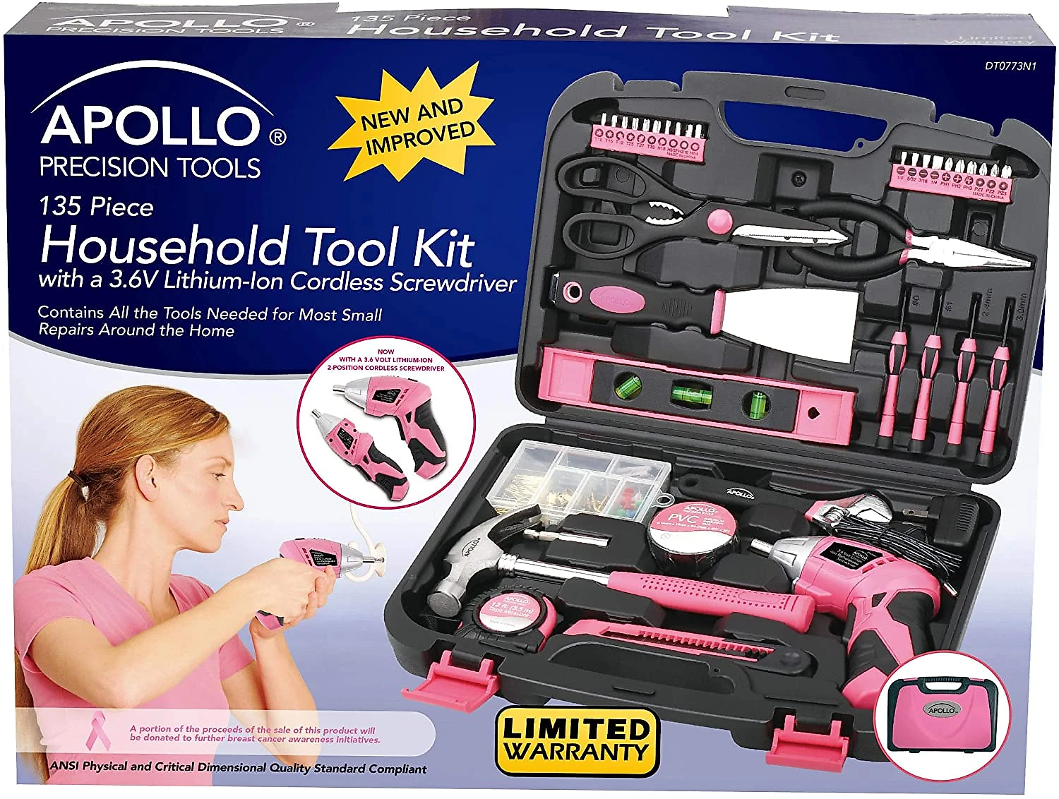 Apollo DT0773N1 Kit de Ferramentas c Maleta de Transporte e Parafusadeira 110V 135 Peças Rosa