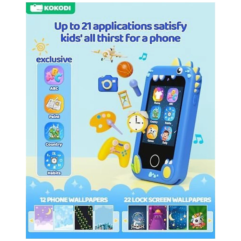 Telefone Brinquedo Infantil KOKODI Dinossauro para Meninos de 3 a 10 Anos, Tela Touchscreen HD, Câmera Dupla, Cartão SD 8GB, Brinquedo Educativo para