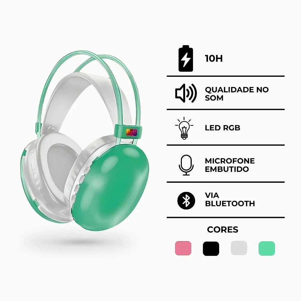 Fone De Ouvido Sem Fio Bluetooth V5.3 Com Led - Verde