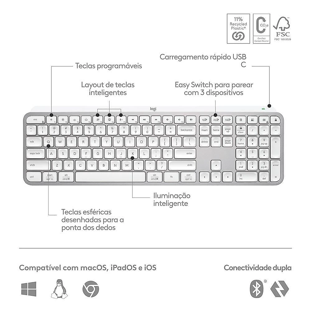 Teclado Sem Fio Logitech MX Keys S, Iluminação Inteligente, Bluetooth ou USB Tipo-C e Logi Bolt, Bateria Recarregável, Cinza - 920-011564