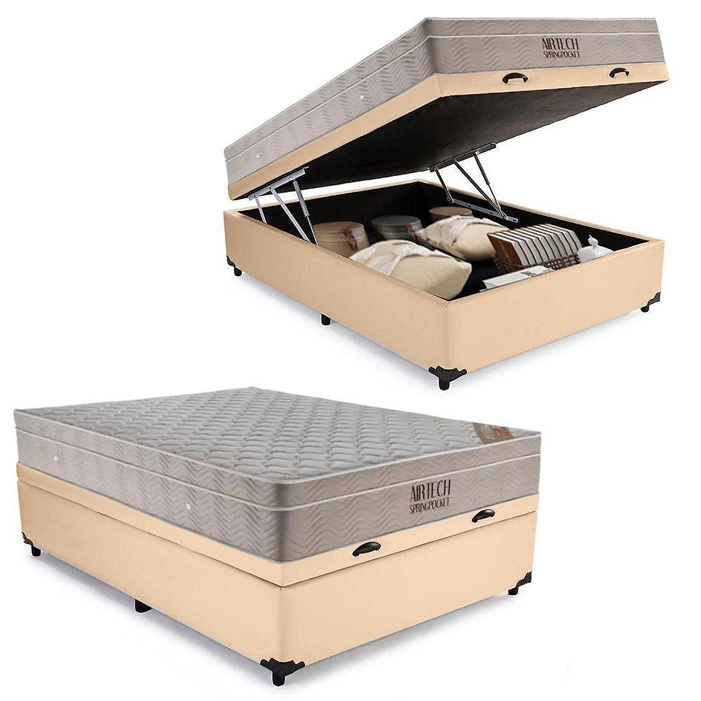 Cama Baú com Colchão Casal Airtech Molas Ensacadas Courino Bege Ortobom 138CM