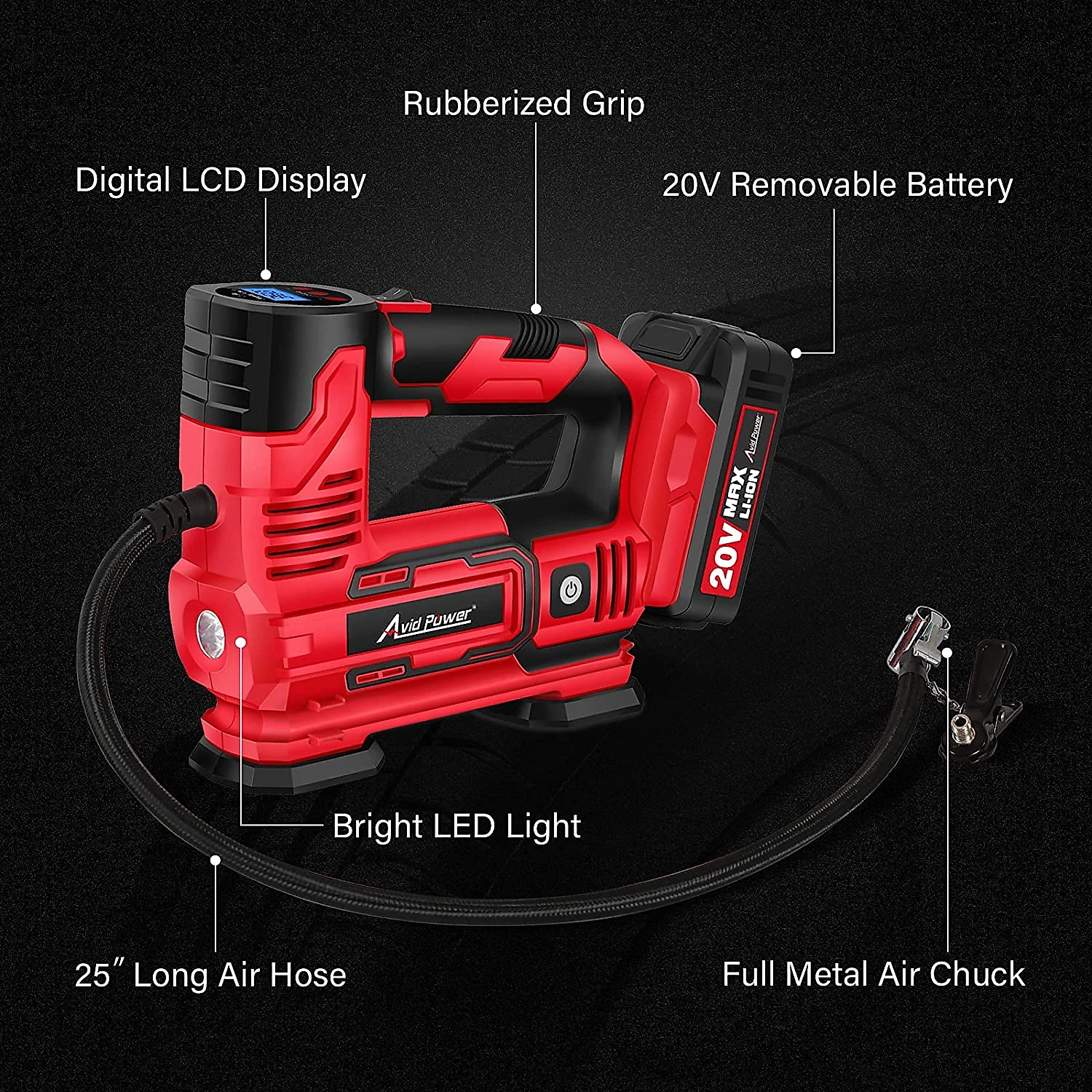 AVID POWER ACAP334 Compressor de Ar com Bateria Recarregável 20V12V 30PSI Vermelho
