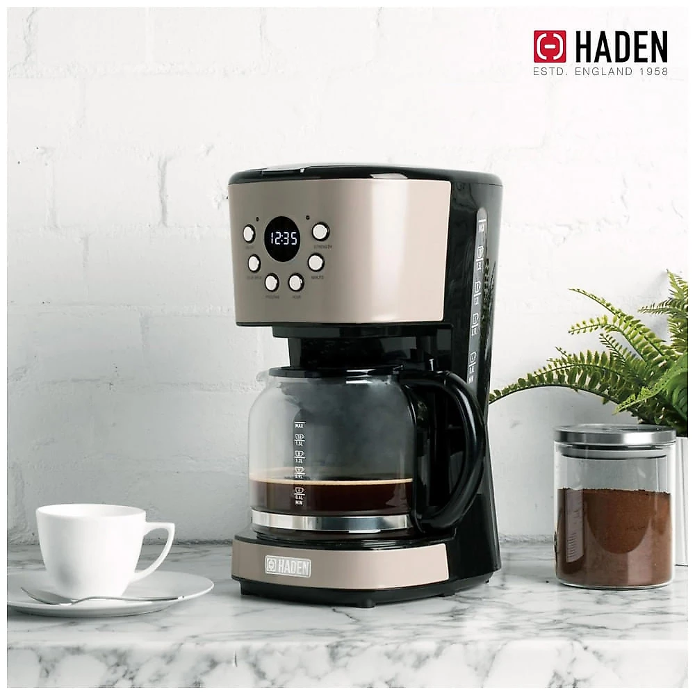 Kit Cafeteira Programável 12 Xícaras Inox + Torradeira 4 Fatias Slots Largos, Controle Tostagem, Haden, Putty/Chrome, 110V