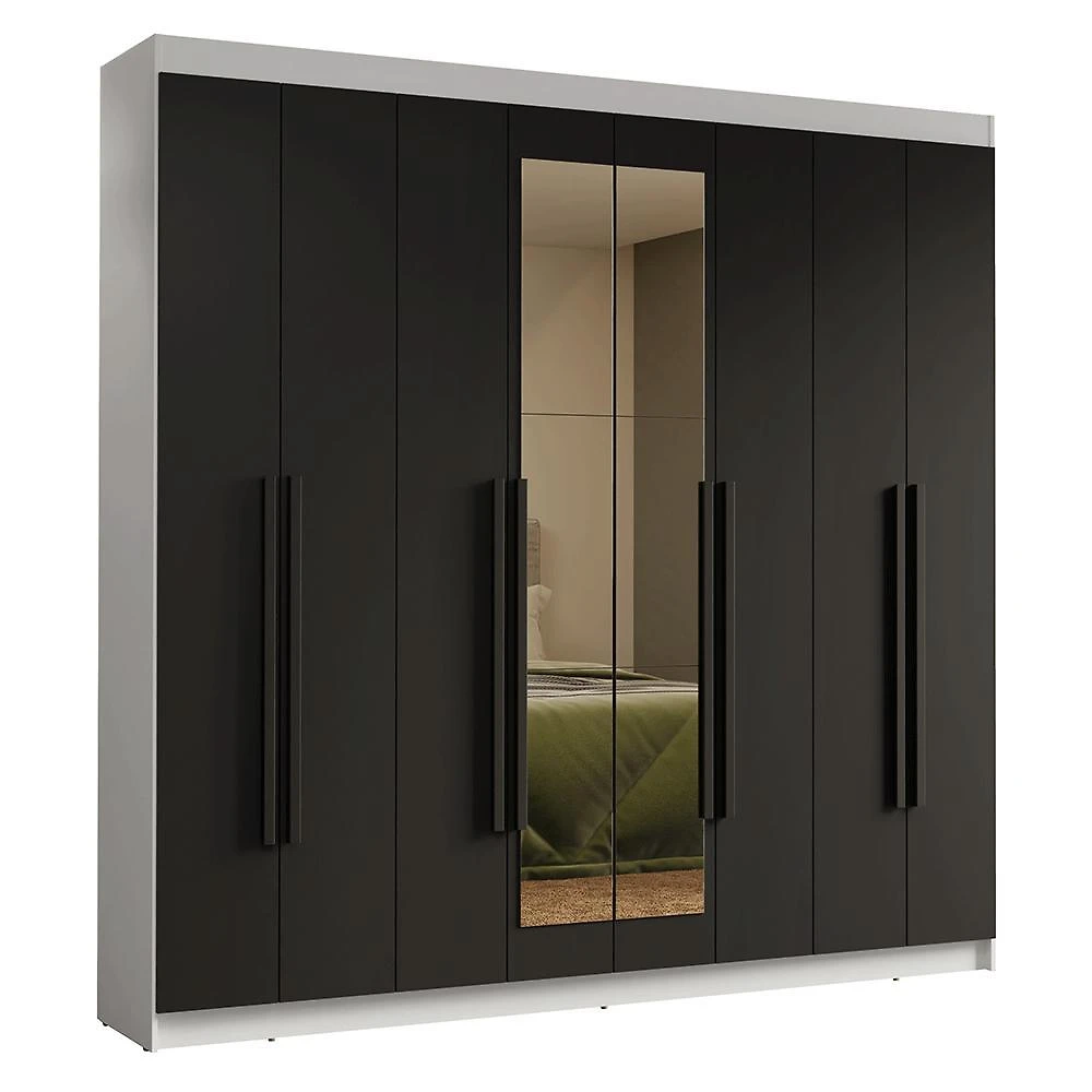 Guarda-roupa casal 8 portas batentes com espelho branco/preto/preto saturno madesa