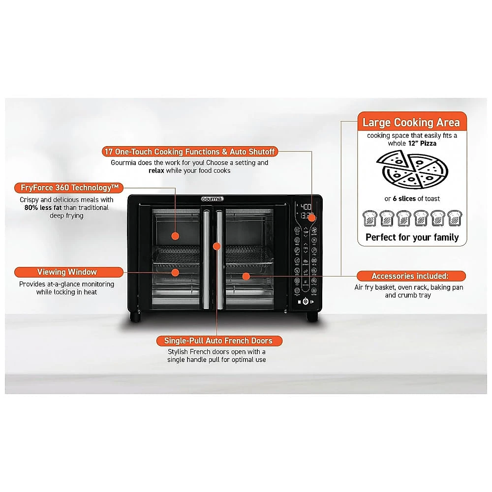 Forno Elétrico com 17 Predefinições Incluindo AirFryer Porta Francesa, 24 L, 110V 1700W, Gourmia, Preto