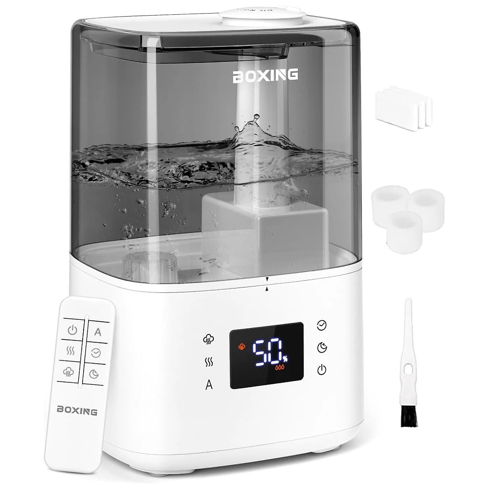 Ultrassônico umidificador de ar quente e frio Boxing para quarto e sala grandes, com controle remoto, difusor de aromas, tanque de água de 4,5L