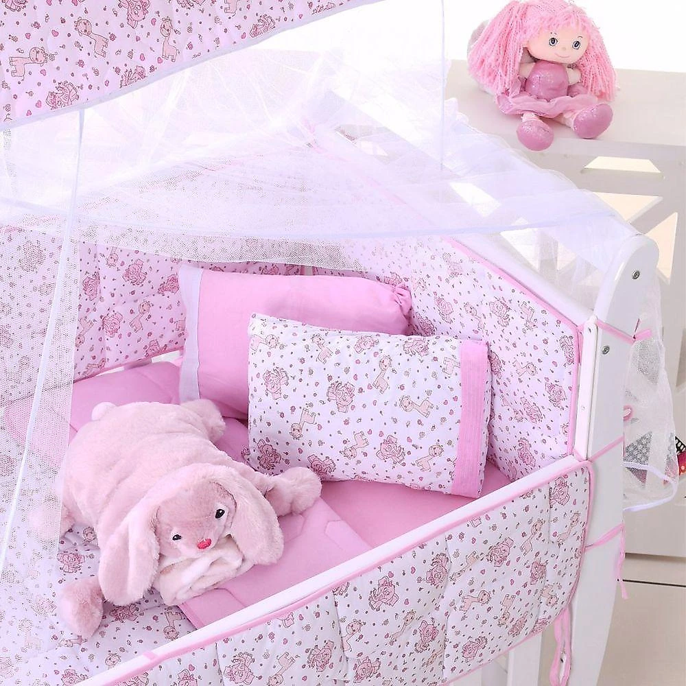 Kit Berço 8 Peças Baby Elefantinho Rosa Malha 100% Algodão Antialérgico Bene Casa