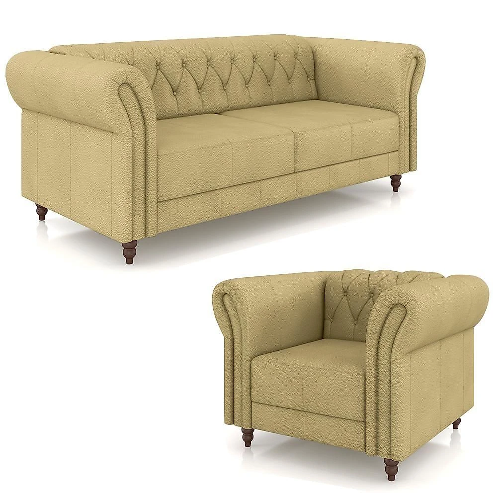 Sofá e Poltrona Stanford Chesterfield 3 Lugares 200cm Couro Bege G58 Gran Belo