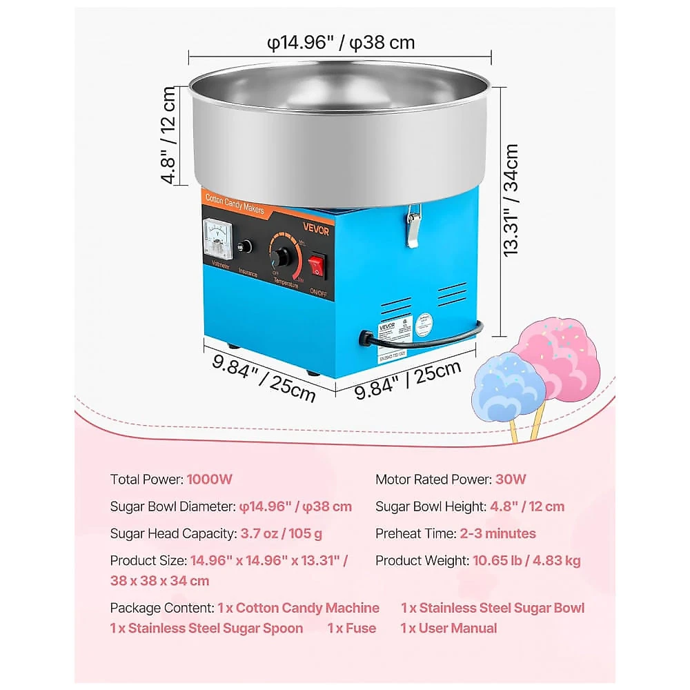 Máquina de Algodão Doce VEVOR Azul 1000W Aço Inox Tigela 38cm Uso Contínuo 110V