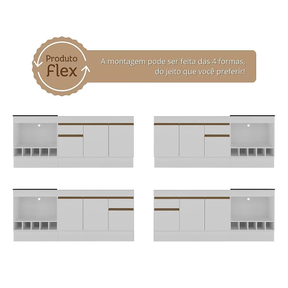 Kit Balcão de Cozinha para Pia e Cooktop/Forno com Rodapé 190cm Veneza Multimóveis MP2328 Balcão Cozinha p/Pia/Cooktop 190cm Veneza Multimóveis MP2328 - Branco/Dourado