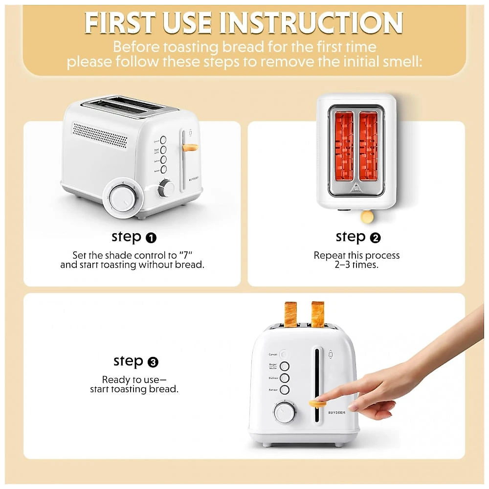 Torradeira 2 Fatias BUYDEEM DT620 Inox Branco Ártico Retro, 7 Níveis, Slots Largos, Função Bagel/Muffin, Bandeja Migalhas, 900W, 110V