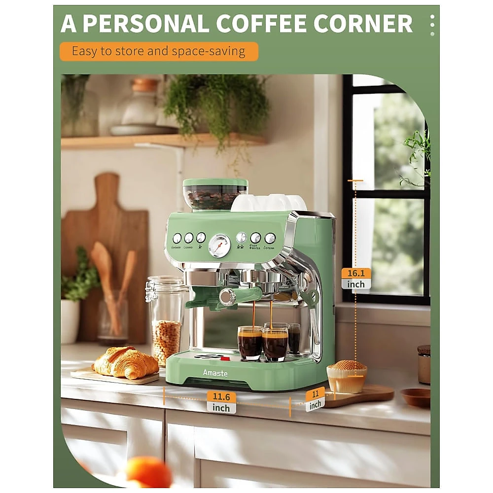 Mquina de Caf Expresso Profissional 15 Bar com Vaporizador de Leite, Moedor Embutido e Tanque de gua Removvel de 2L, 110V 1450W, Amaste AC517E, Verde 110v