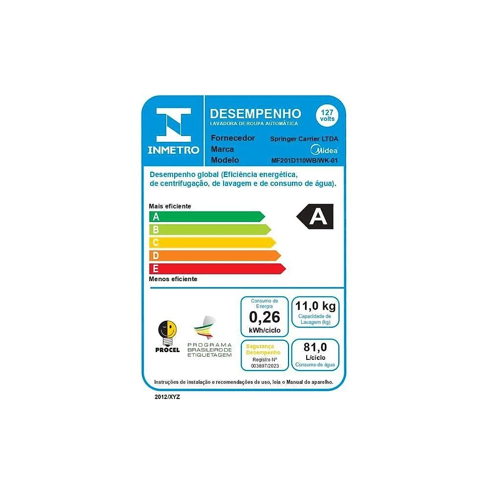 Lava e seca midea slim healthguard smart mf201d110wb/wk branca com 14 programas, wi-fi e compatível com alexa – 11kg 110