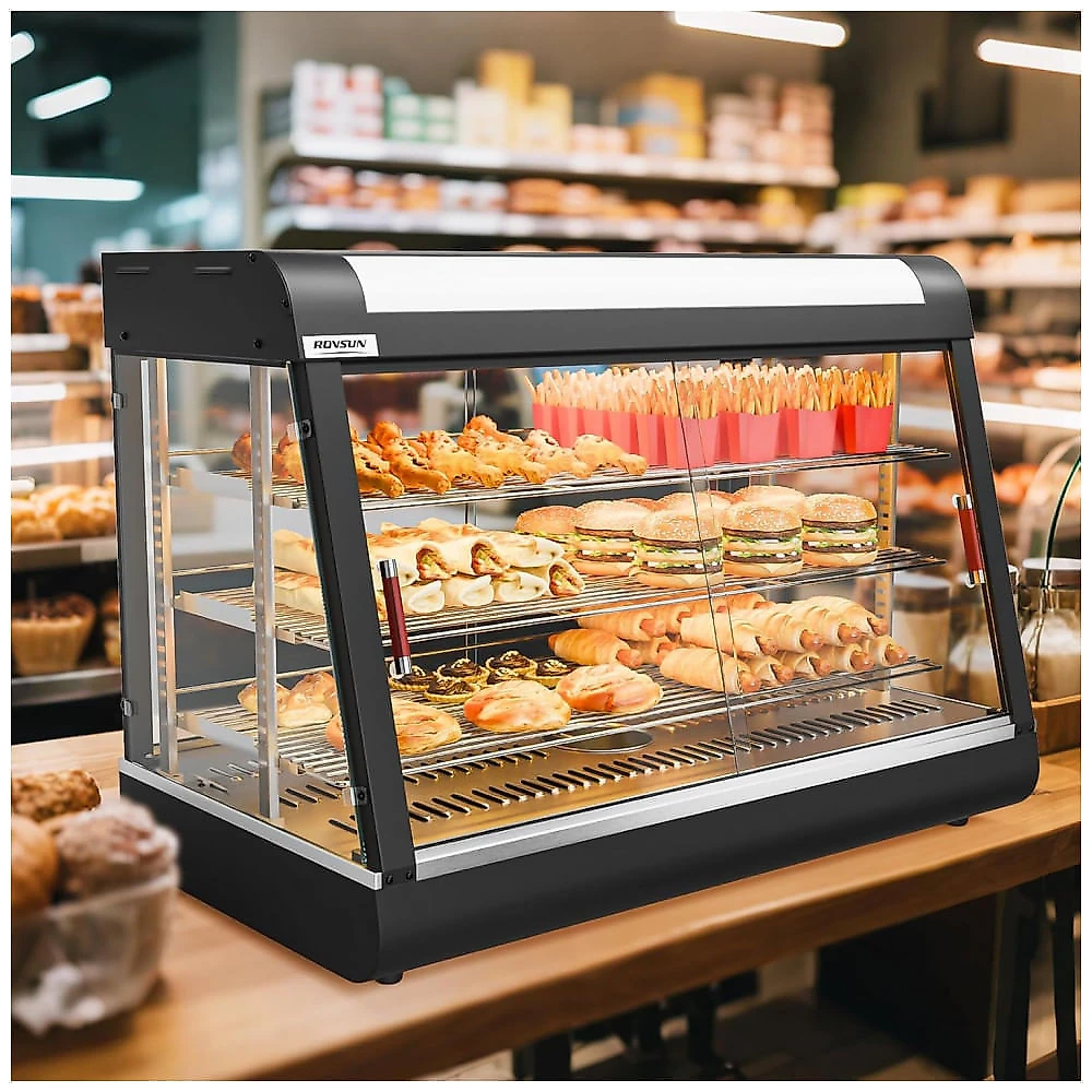 Expositor Aquecedor de Alimentos ROVSUN Preto 3 Níveis 89 cm com Prateleiras Ajustáveis Removíveis LED e Portas de Vidro, 110V.