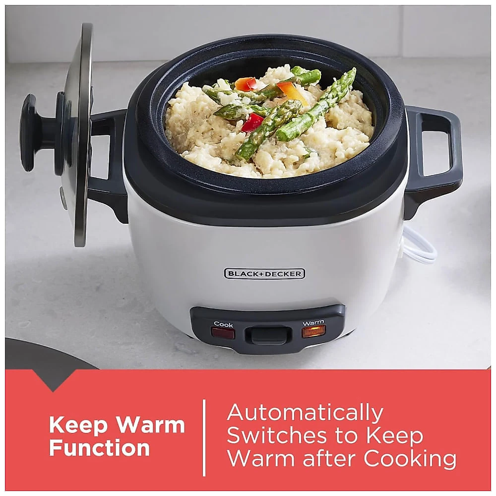 Panela Elétrica de Arroz BLACK+DECKER 3 Copos, 1,5 Copo de Arroz Cru, 3 Copos Cozidos, Cesto de Cozimento a Vapor, Tigela Antiaderente Removível,