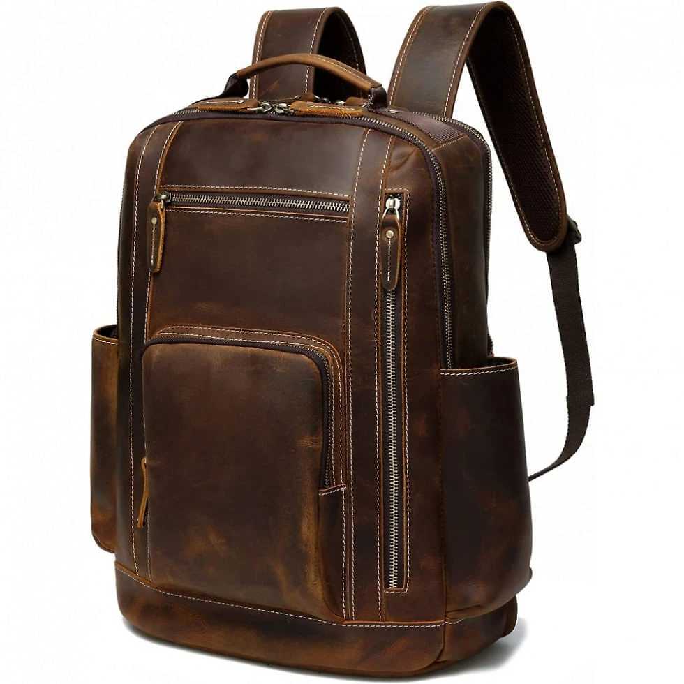 Mochila Masculina para Laptop 40cm 24L de Couro, LANNSYNE, Marrom