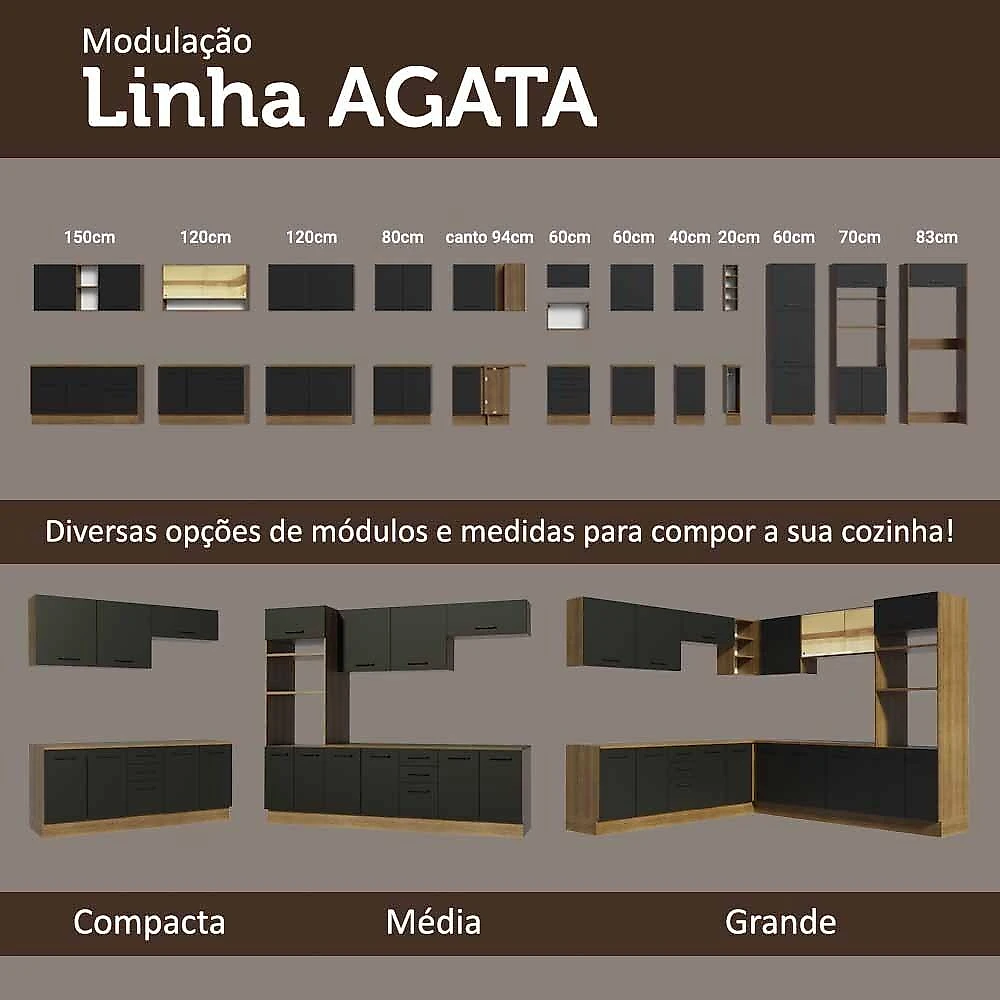 Armário de Cozinha Completa 310cm Rustic/Preto Agata Madesa 02 Rustic/Preto