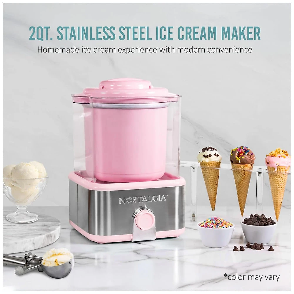 Sorveteira Elétrica Nostalgia Rosa Inox 1,89L Cuba Gel Dupla Isolação Base Aço Inoxidável Automática 120V