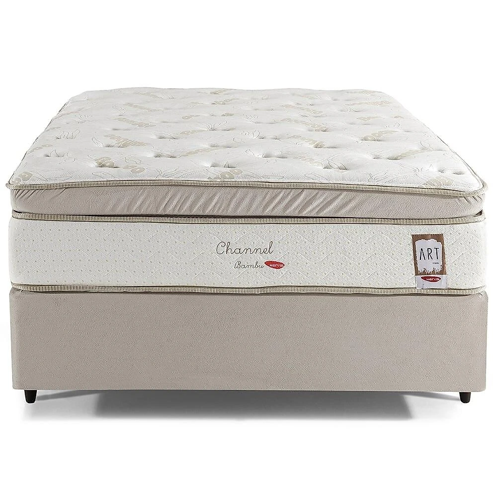 Cama Box Suede Casal Herval Channel Bambu, 72x138x188 cm, Molas Ensacadas Cama Box Suede Casal, Molas Ensacadas Herval Channel Bambu, 72x138x188 cm, Bege e Branco