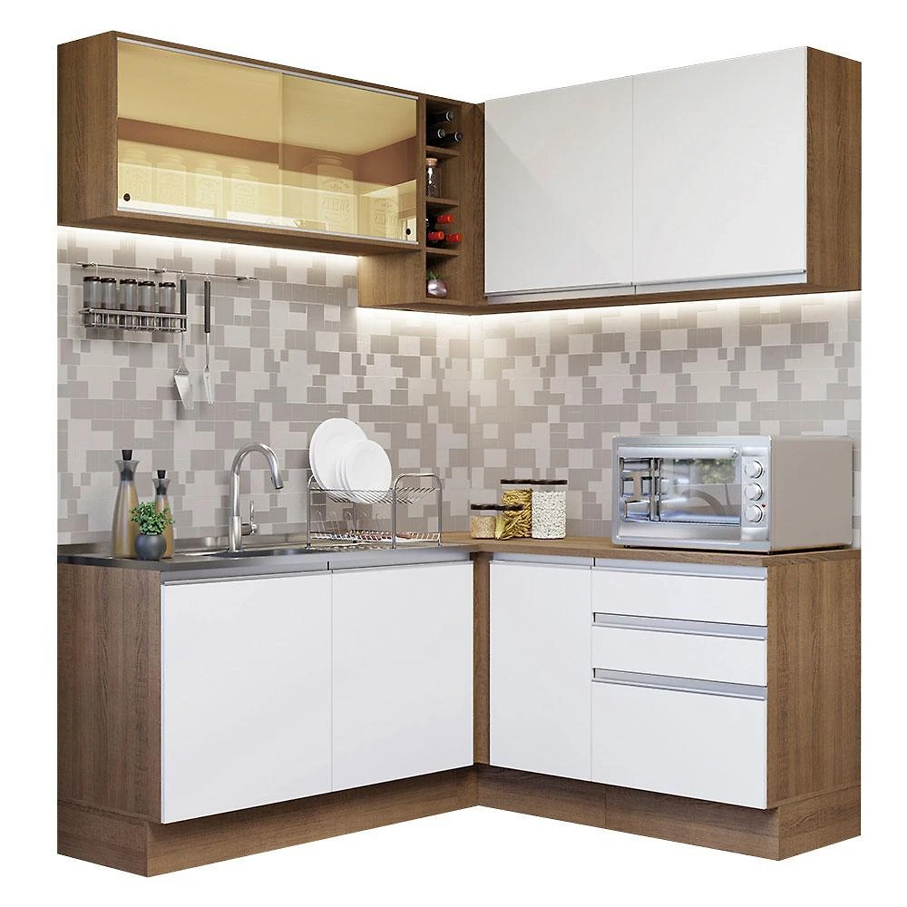 Cozinha completa de canto madesa glamy 329002 com armário e balcão (sem tampo e pia) - rustic/branco