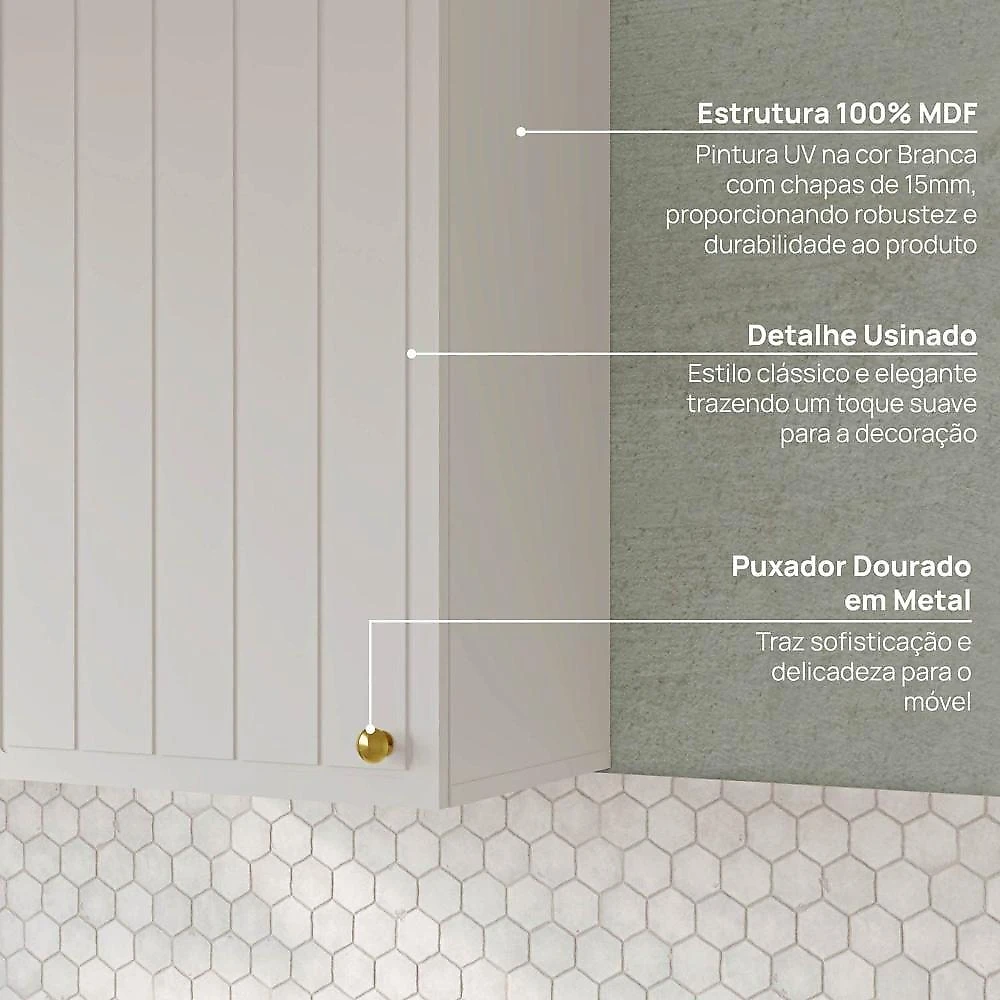 Cozinha Modulada 4 Pçs com Tampo com Cristaleira Marselha Cabecasa Madeiraoriginals Branco/Calcare