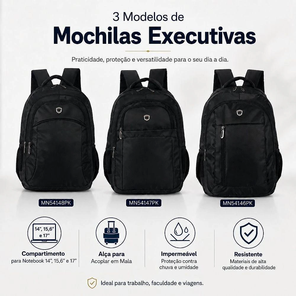 Mochila Notebook Até 17 Polegadas Mn54148pk com Compartimentos e Bolsos Laterais Preto Polo King