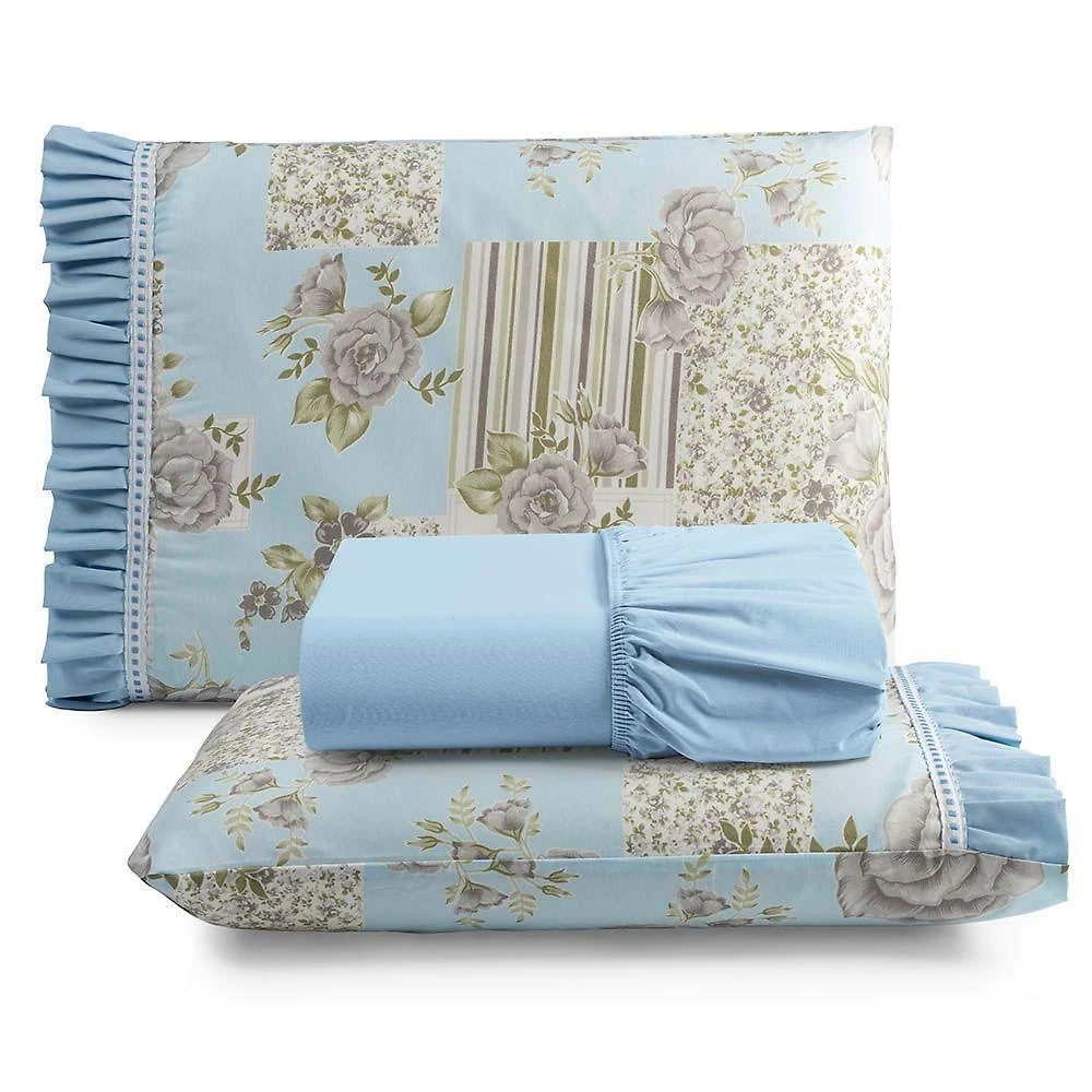 Jogo Cama Lençol Fiore Casal Padrão Estampado 180 Fios 100% Algodão Com Babadinho 3 Peças Azul Floral