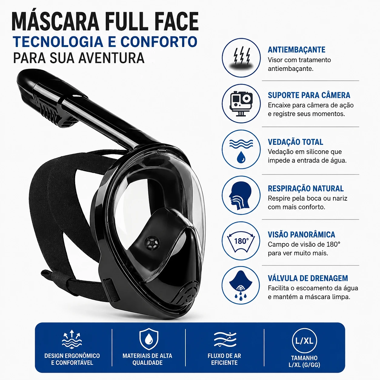 Miniatura Máscara de Mergulho Snorkel Full Face Free Breath Preta com Suporte GoPro