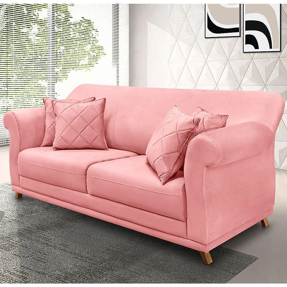 Sofá 2 Lugares Pé De Madeira Julieta 180 Cm Veludo Rosa S04 - D'rossi