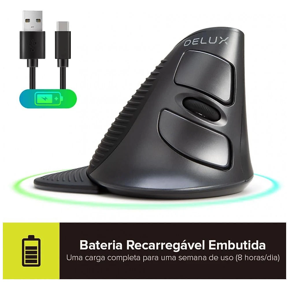 Mouse Ergonômico Vertical sem Fio Reduz a Tensão do Pulso com Botões Silenciosos, 1000, 4000 DPI 6 Botões, DELUX M61...