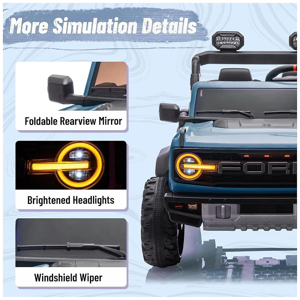 Carrinho Elétrico Licenciado Infantil 2 Lugares 24V, Ford Bronco Raptor 4x4, 2 Motores 90W, Bluetooth, Suspensão 4 Rodas, Controle Remoto, YOFE, Azul