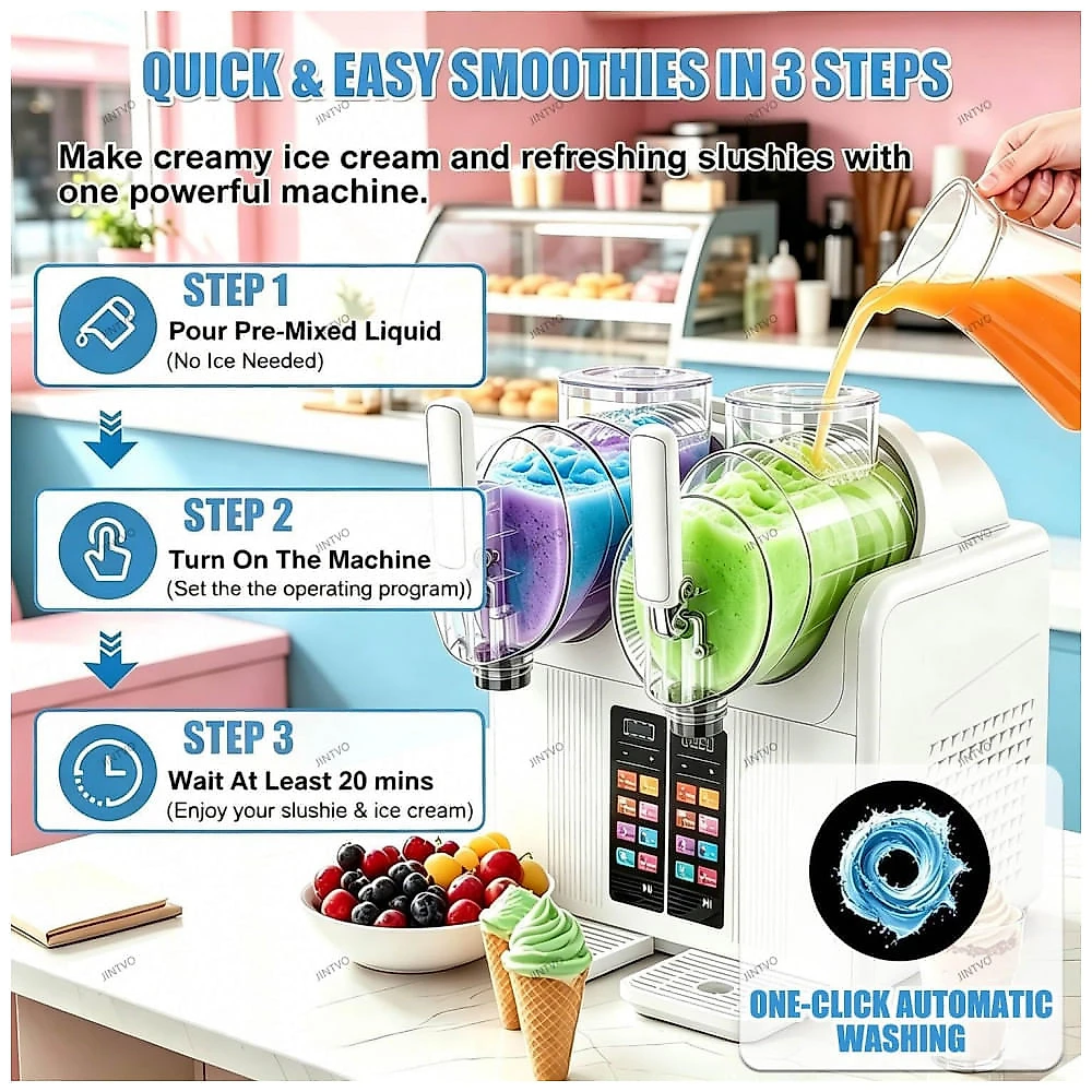Máquina de Slush Raspadinha JINTVO Duplo Tanque 2L 7 Programas Auto Limpeza 430W Preta