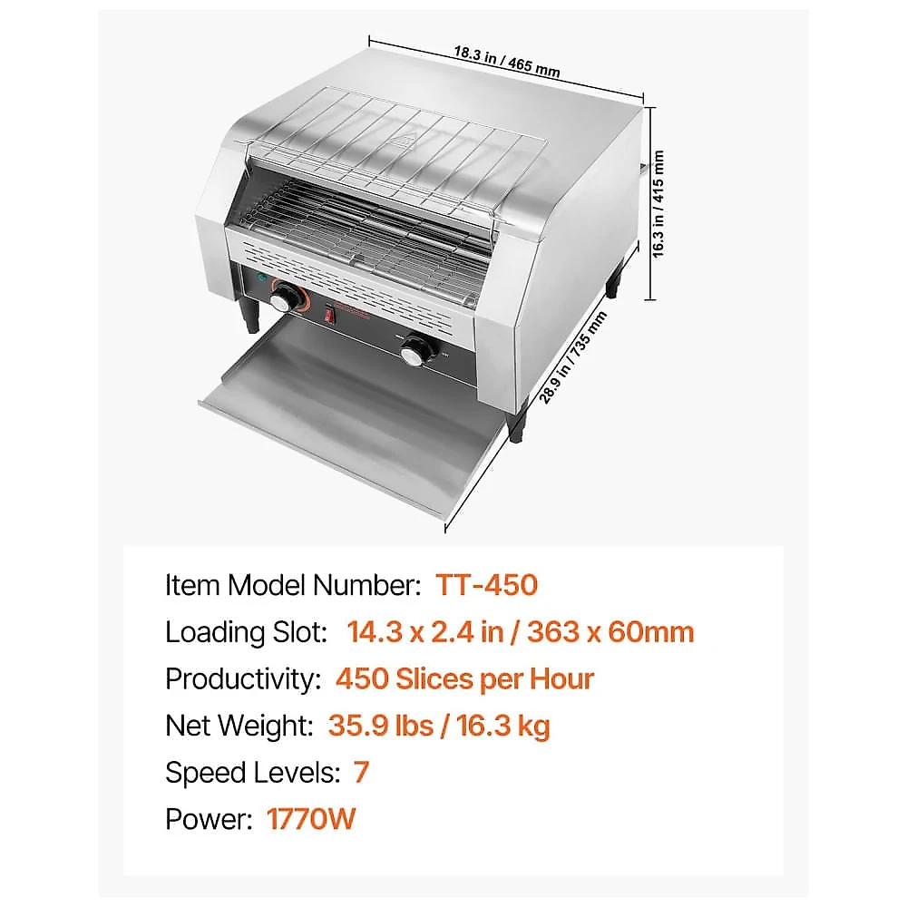 Torradeira Comercial de Esteira VEVOR 1770W, 450 Fatias por Hora, Forno Elétrico Robusto, Correia de Aço Inoxidável 304 para Alimentos, Controle Duplo
