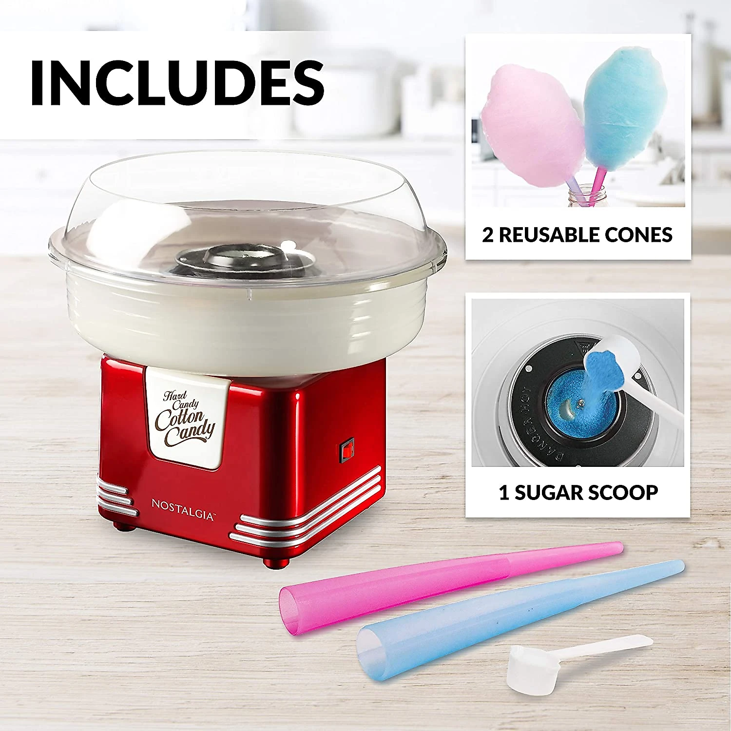Nostalgia Máquina de Algodão Doce Retrô Inclui 2 Cones e Co lher Reutilizável 110V Vermelha
