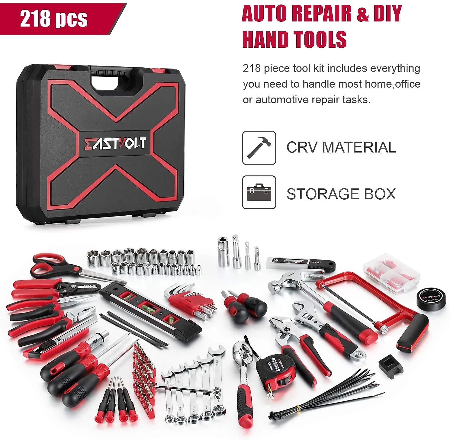 EASTVOLT EVHT21801 Kit de Ferramentas c Maleta de Transporte 218 Peças Vermelha