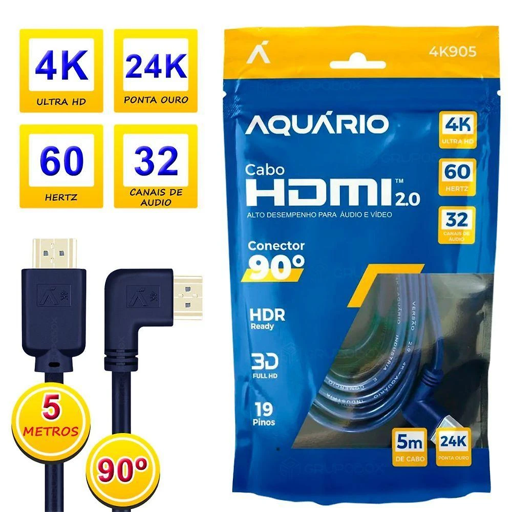 Cabo Hdmi 2.0 4k 3d Full Hd 60hz Blindado 5m Conector em l 90 graus  Dourado Oem