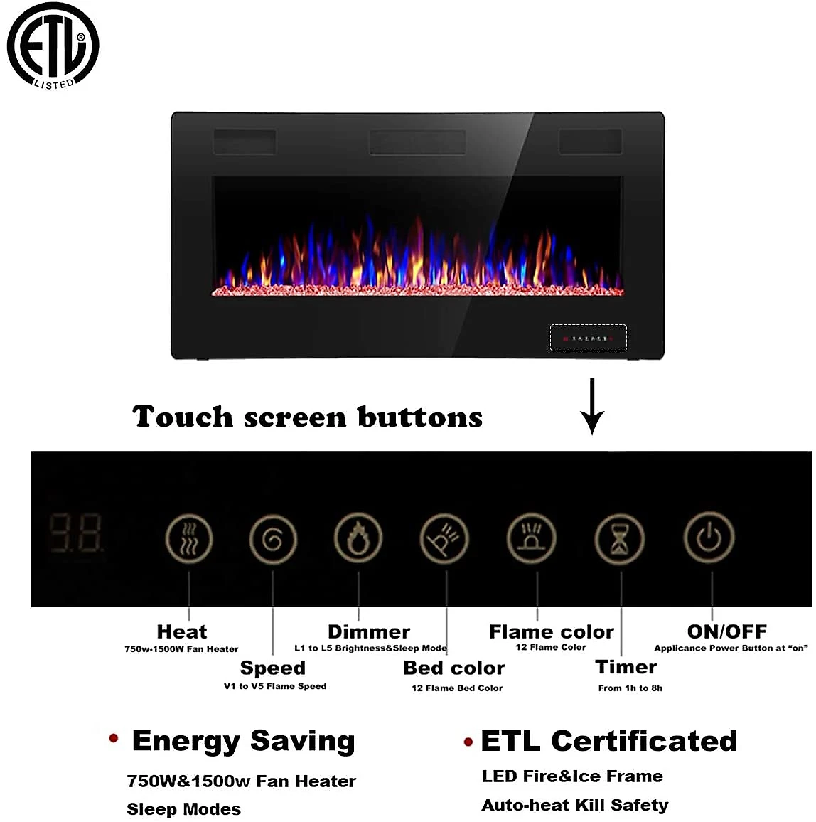 RWFLAME Lareira Elétrica de Embutir A45x91L com Controle Remoto e Luz de LED Tela Sensível ao Toque 110V1500W Preto