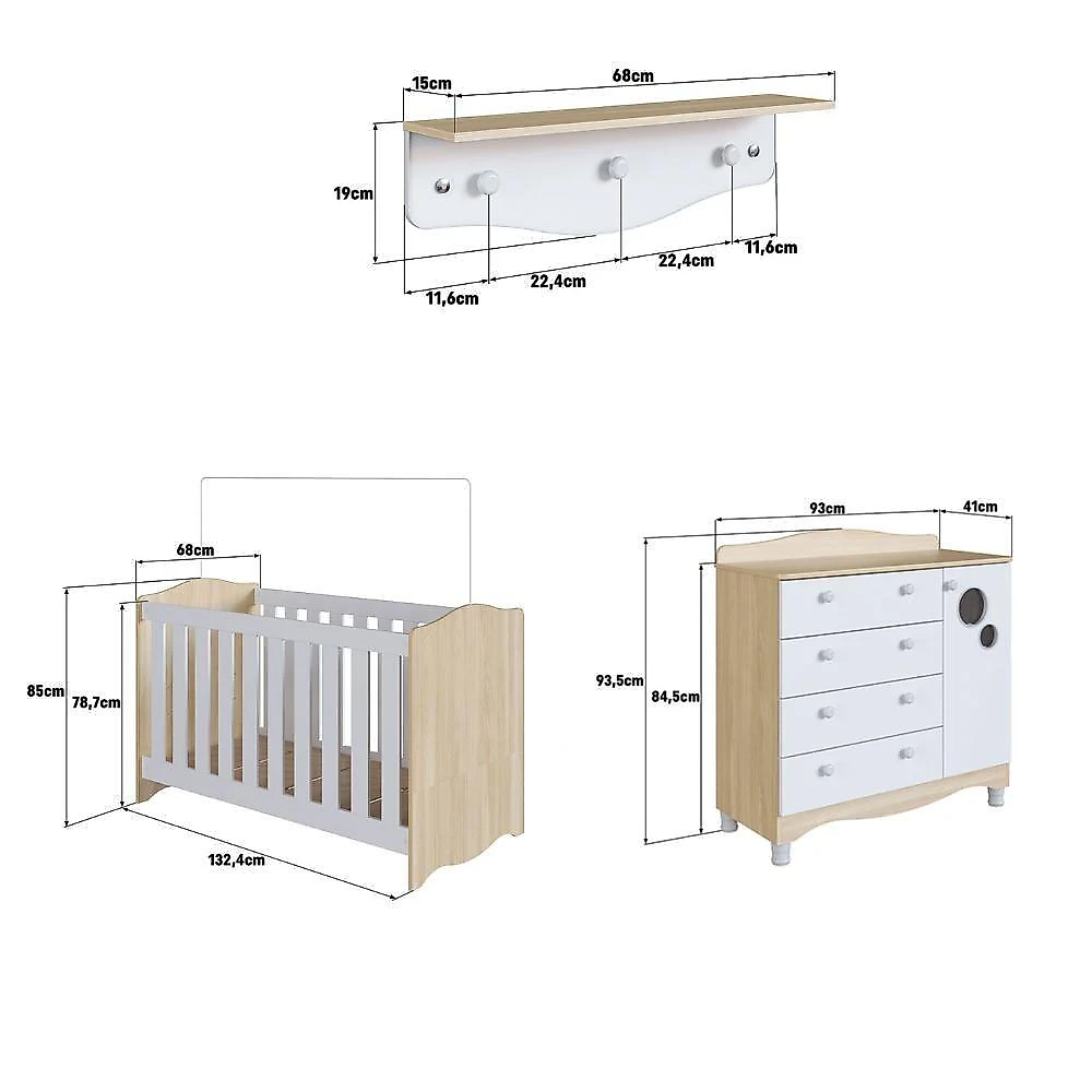 Quarto Infantil 3 Peças Berço 3 em 1 Cômoda 1 Porta 4 Gavetas Prateleira Carvalho Araguaia webcontinental-7898352182627