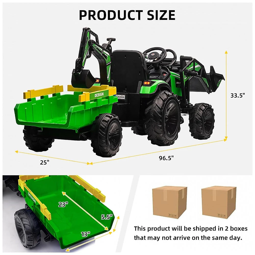 Trator Infantil Elétrico GarveeLife Verde 24V 3 em 1 Escavadeira Buldôzer Trailer Controle Remoto Luzes LED Bluetooth