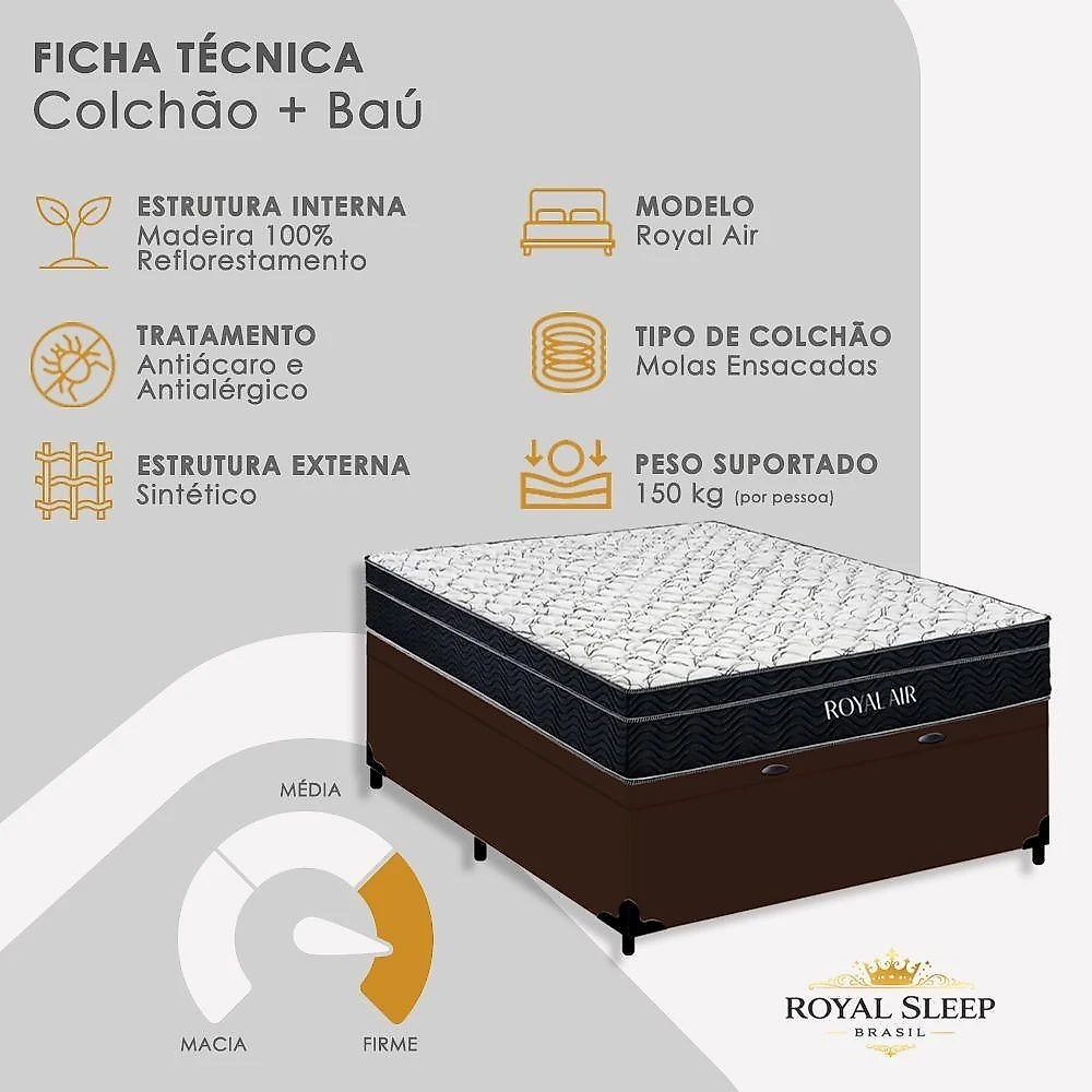 Cama Box Baú Casal Royal Air Pillow Top Molas Ensacadas Sintético Marrom Royal