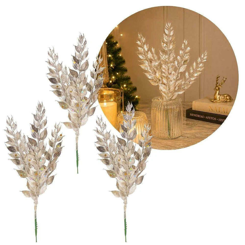 Galho Pick Natal Multi Folhas Champanhe Fosco Rosê Yangzi 3 UNIDADES 28CM