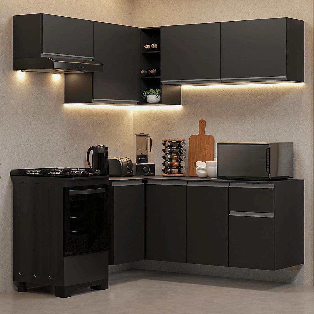 Armário de cozinha completa de canto suspenso 325 cm preto nice madesa 05