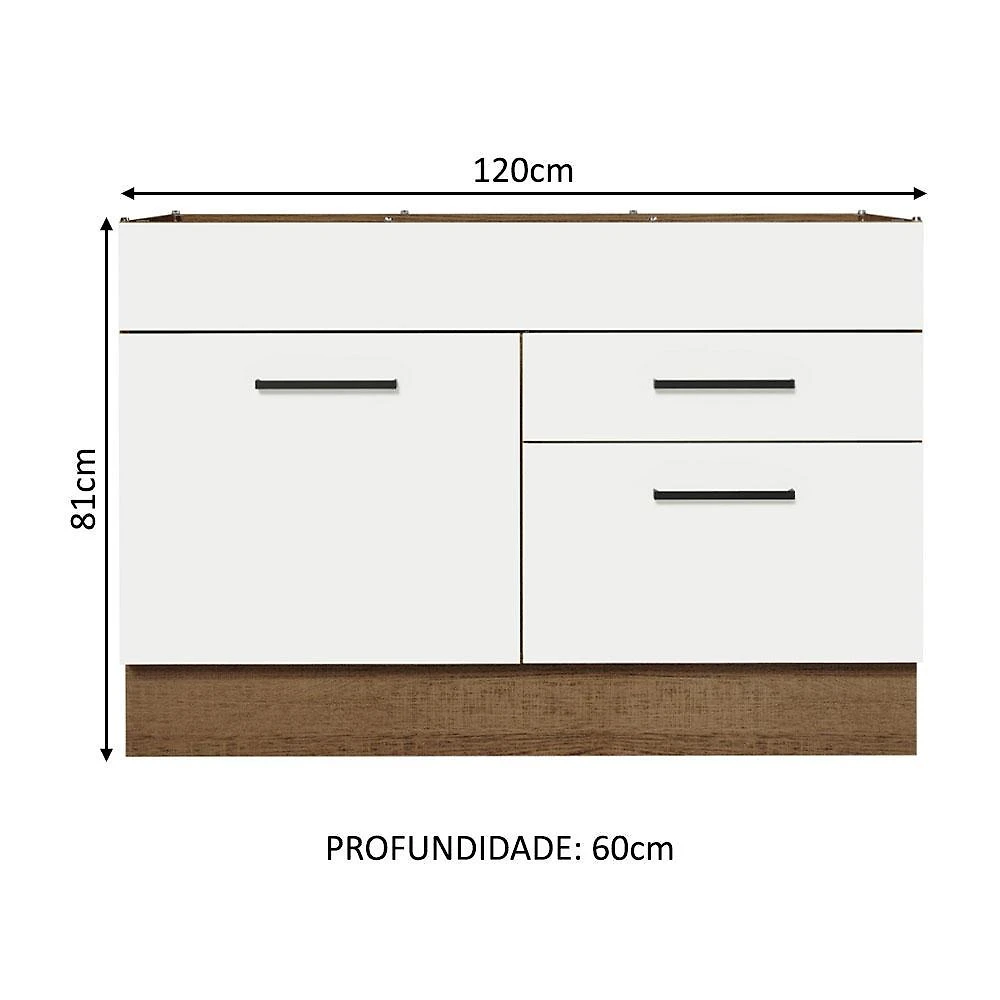 Balcão gabinete de pia cozinha 120 x 60 cm 1 porta 2 gavetas rustic/branco (sem tampo) agata madesa