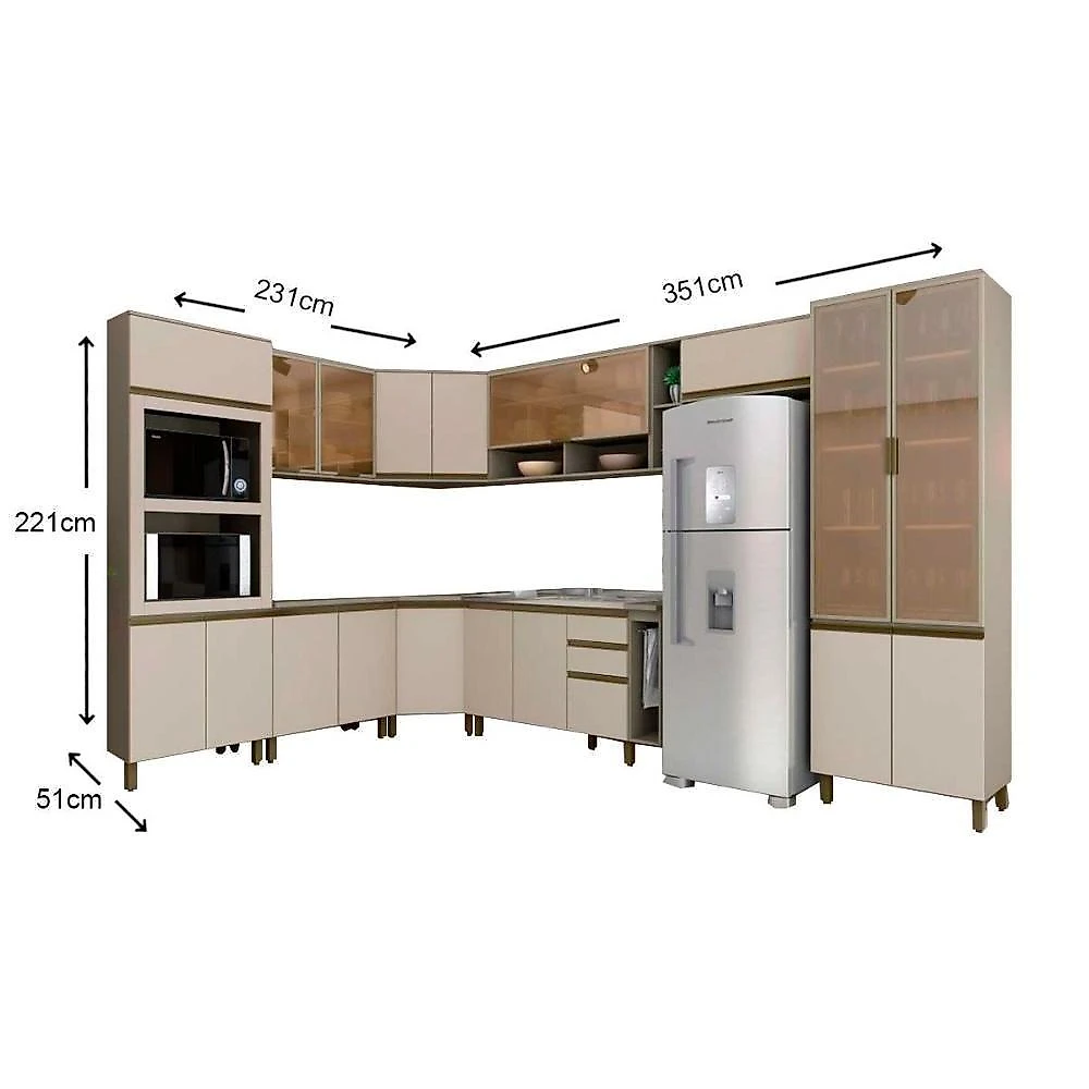 Cozinha Completa Connect C15P02 3 Portas 2 Gavetas MDF 120CM Amarelo com Cristal
