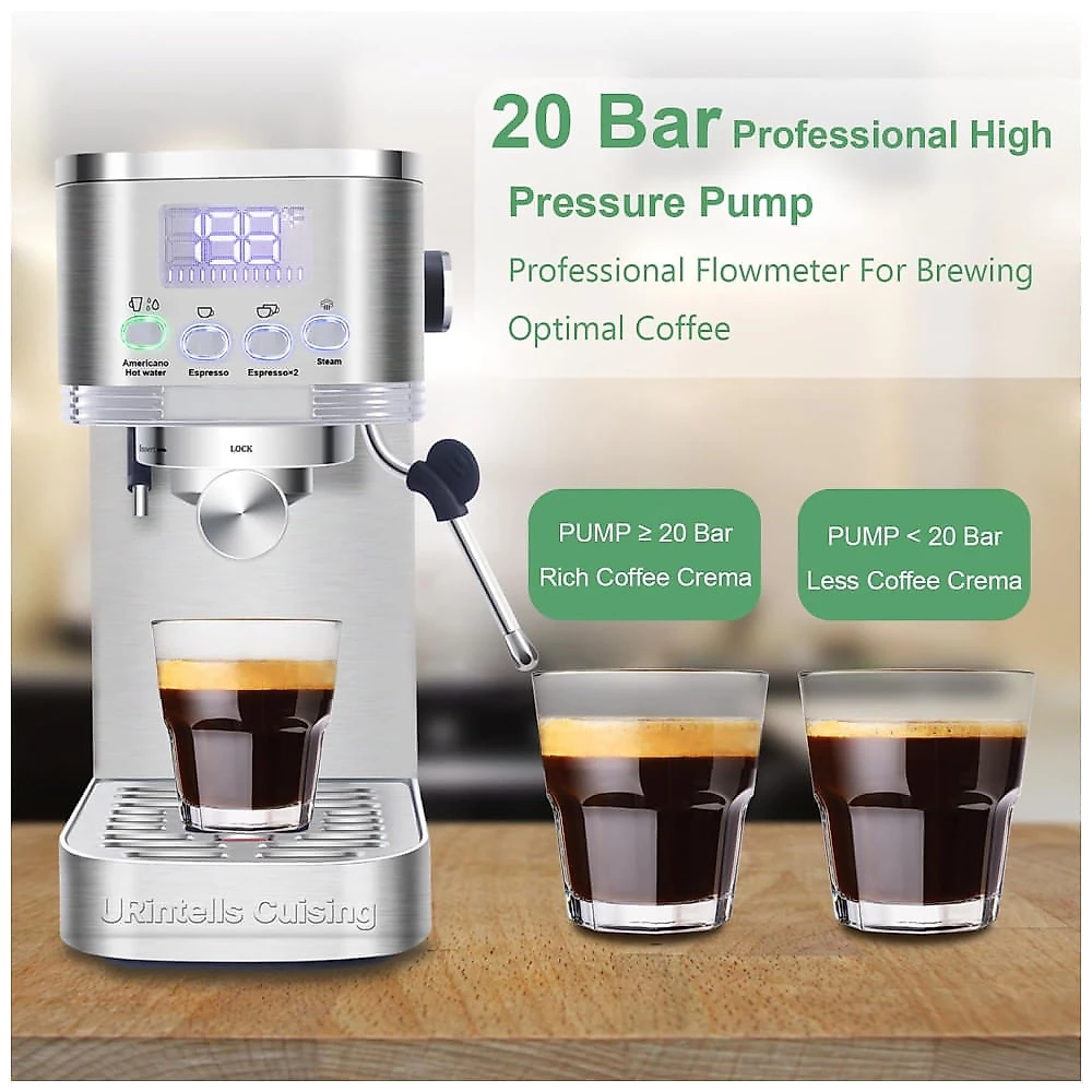 Máquina de Café Expresso 20 Bar com Display LED, Vaporizador de Leite e Filtro de Cápsula ESE, 110V 1350W, URintells, Prata 110v